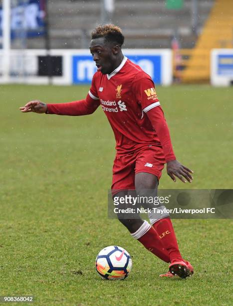 Bobby Adekanye of Liverpool in action during the Liverpool U23 v Charlton Athletic U23 Premier League Cup game at The Swansway Chester Stadium on...