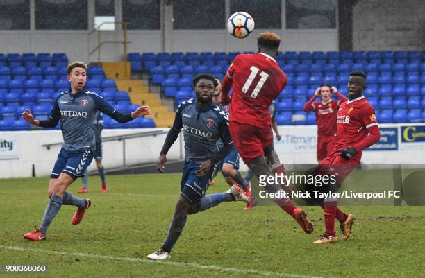 Bobby Adekanye of Liverpool scores his second goal of the game with his head during the Liverpool U23 v Charlton Athletic U23 Premier League Cup game...