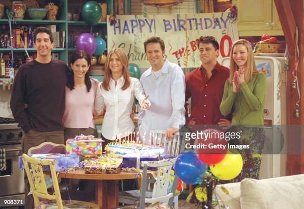 Cast members of NBC's comedy series "Friends." Pictured : David Schwimmer as Ross Geller, Courteney Cox as Monica Geller, Jennifer Aniston as Rachel...