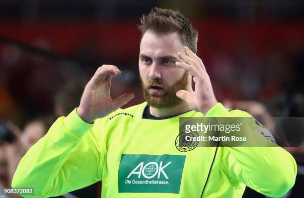 Goalkeeper Andreas Wolff of Germany reacts during the Men's Handball European Championship main round group 2 match between Germany and Denmark at...