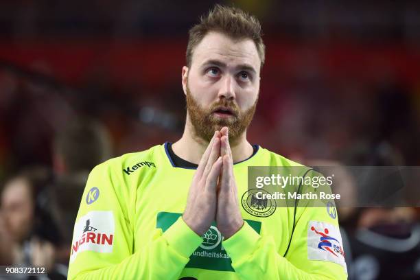 Goalkeeper Andreas Wolff of Germany reacts during the Men's Handball European Championship main round group 2 match between Germany and Denmark at...