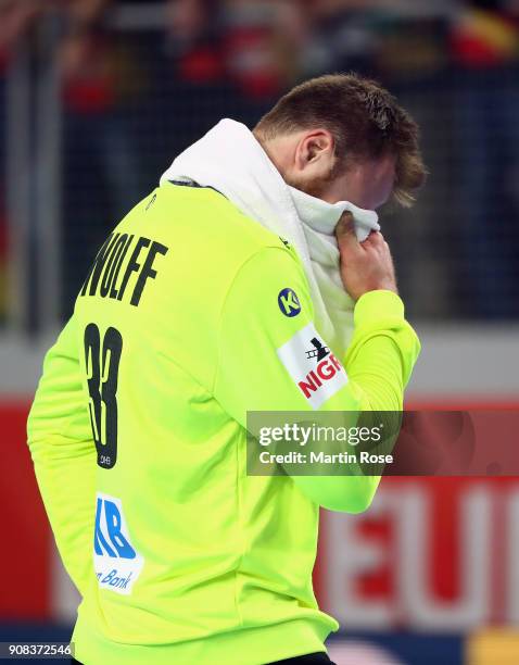 Goalkeeper Andreas Wolff of Germany reacts after the Men's Handball European Championship main round group 2 match between Germany and Denmark at...