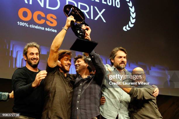 Guest, Rayane Bensetti, Director Robin Sykes and guets receive Jury Special Prize for "La Finale" during Closing Ceremony during the 21st Alpe D'Huez...
