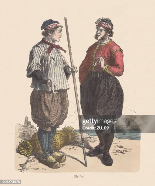 dutch costume (marken), 19th century, hand-colored wood engraving, published c.1880 - bloomers stock illustrations