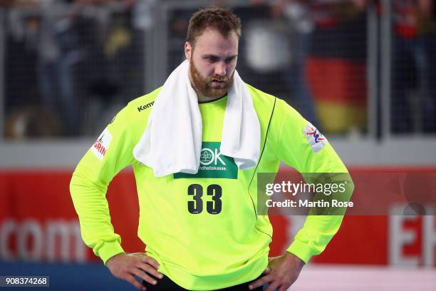 Goalkeeper Andreas Wolff of Germany reacts after the Men's Handball European Championship main round group 2 match between Germany and Denmark at...