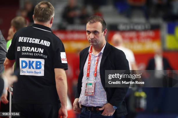 Vice President Bob Hanning reacts on the field after the Men's Handball European Championship main round group 2 match between Germany and Denmark at...