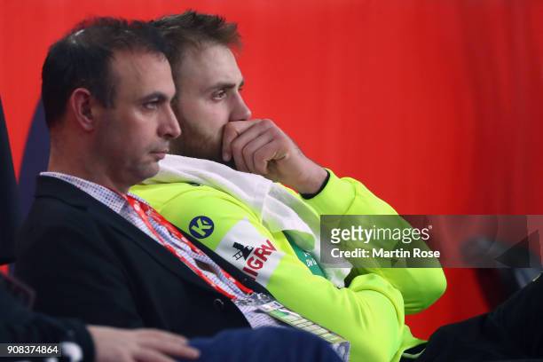 Vice President Bob Hanning and goalkeeper Andreas Wolff of Germany react after the Men's Handball European Championship main round group 2 match...