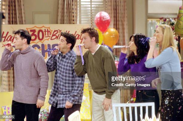 Cast members of NBC's comedy series "Friends." Pictured : Matt LeBlanc as Joey Tribbiani, David Schwimmer as Ross Geller, Matthew Perry as Chandler...