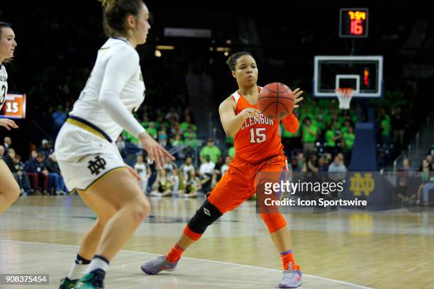 Clemson Tigers guard Jaia Alexander fires the pass to the corner during the game between the Clemson Tigers and Notre Dame Fighting Irish on January...