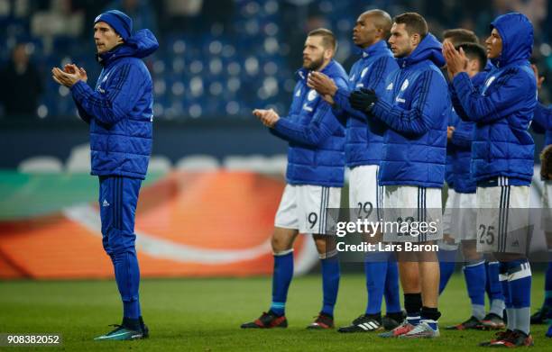 Leon Goretzka of Schalke is seen with his team mates after the Bundesliga match between FC Schalke 04 and Hannover 96 at Veltins-Arena on January 21,...