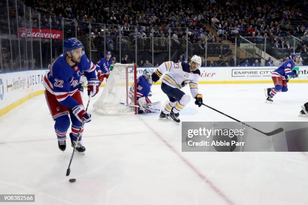 Kevin Shattenkirk of the New York Rangers skates with the puck in the first period against the Buffalo Sabres during their game at Madison Square...