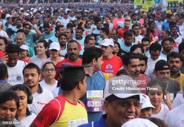 Participants run Dream Run during the Tata Mumbai Marathon 2018 at CSMT during the Tata Mumbai Marathon 2018 at CSMT on January 21, 2018 in Mumbai,...