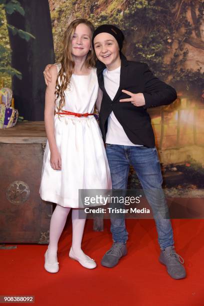 Luis Vorbach and Momo Beier attend the 'Die kleine Hexe' Premiere at Mathaeser Filmpalast on January 21, 2018 in Munich, Germany.