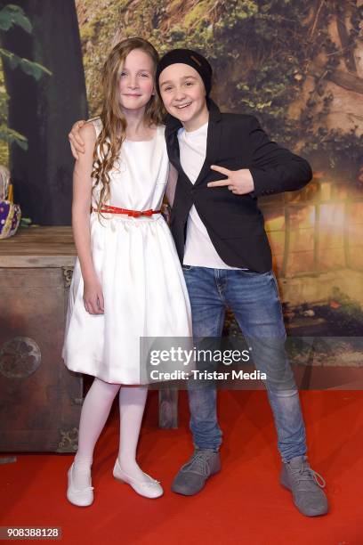 Luis Vorbach and Momo Beier attend the 'Die kleine Hexe' Premiere at Mathaeser Filmpalast on January 21, 2018 in Munich, Germany.