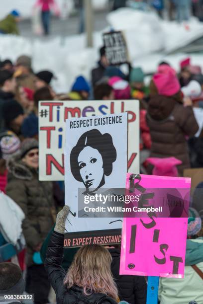 Hundreds of women,men, and children marched on the campus of Montana State University as part of the Women's March on January 20, 2018 in Bozeman,...