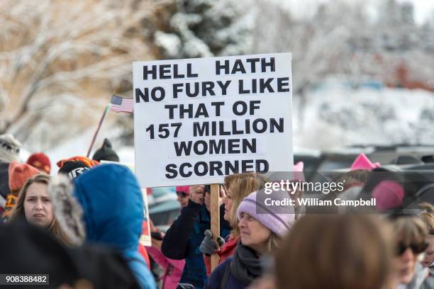 Hundreds of women,men, and children marched on the campus of Montana State University as part of the Women's March on January 20, 2018 in Bozeman,...