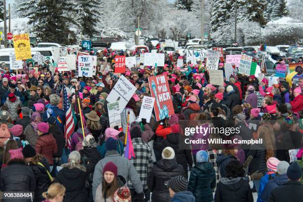 Hundreds of women,men, and children marched on the campus of Montana State University as part of the Women's March on January 20, 2018 in Bozeman,...