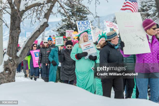 Hundreds of women,men, and children marched on the campus of Montana State University as part of the Women's March on January 20, 2018 in Bozeman,...