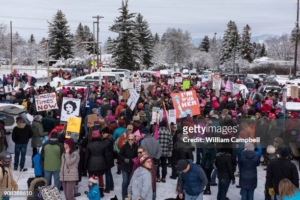Hundreds of women,men, and children marched on the campus of Montana State University as part of the Women's March on January 20, 2018 in Bozeman,...