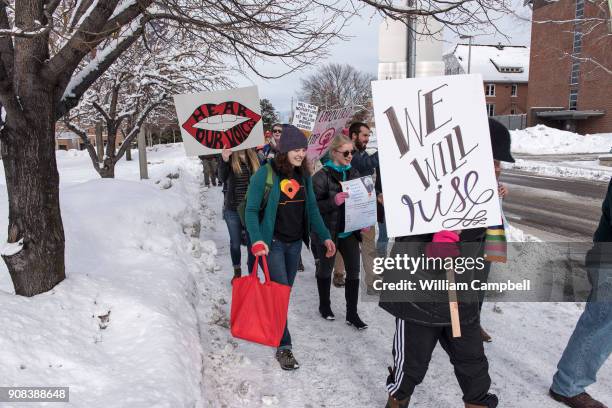 Hundreds of women,men, and children marched on the campus of Montana State University as part of the Women's March on January 20, 2018 in Bozeman,...