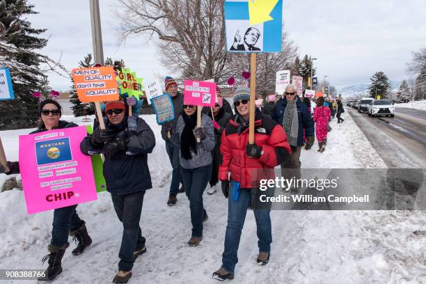 Hundreds of women,men, and children marched on the campus of Montana State University as part of the Women's March on January 20, 2018 in Bozeman,...