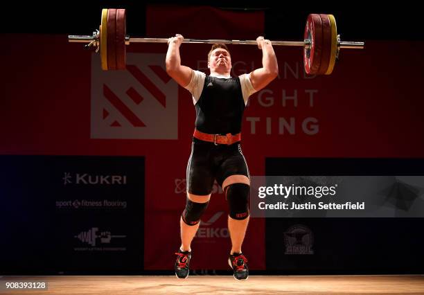 Christopher P-Thorne competes in the Men's 105 KG class English Weightlifting Championships on January 21, 2018 in Milton Keynes, England.