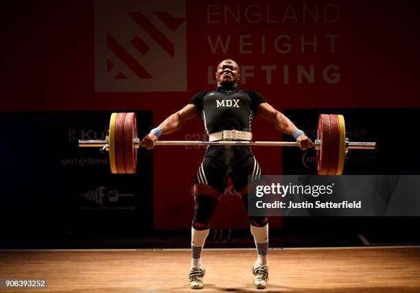 Cyrille Tchachet II competes in the Men's 94 KG class English Weightlifting Championships on January 21, 2018 in Milton Keynes, England.