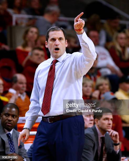 Head coach Steve Prohm of the Iowa State Cyclones coaches rom the bench in the first half of play at Hilton Coliseum on January 20, 2018 in Ames,...