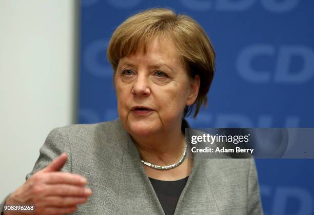 German Chancellor Angela Merkel arrives for a party meeting at the German Christian Democrat headquarters on January 21, 2018 in Berlin, Germany....