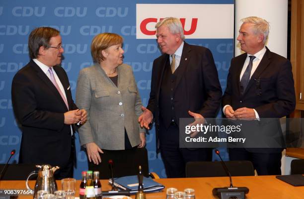 The Christian Democratic Union party's state leader in North Rhine-Westphalia Armin Laschet, German chancellor Angela Merkel , State Premier of...