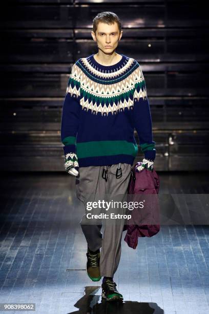 Model walks the runway during the White Mountaineering Menswear Fall/Winter 2018-2019 show as part of Paris Fashion Week on January 20, 2018 in...