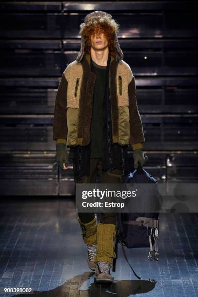 Model walks the runway during the White Mountaineering Menswear Fall/Winter 2018-2019 show as part of Paris Fashion Week on January 20, 2018 in...