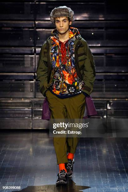 Model walks the runway during the White Mountaineering Menswear Fall/Winter 2018-2019 show as part of Paris Fashion Week on January 20, 2018 in...