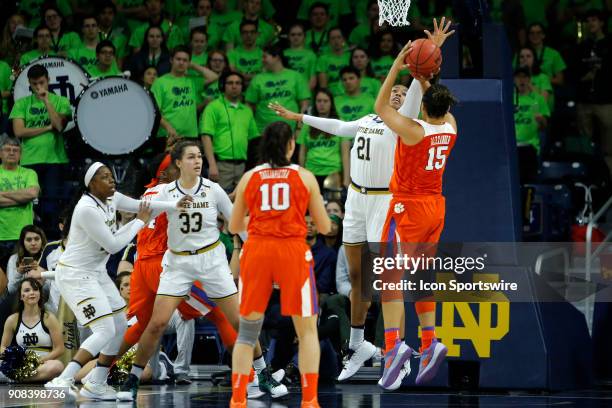 Notre Dame Fighting Irish forward Kristina Nelson gets a hand in the face of Clemson Tigers guard Jaia Alexander during the game between the Clemson...