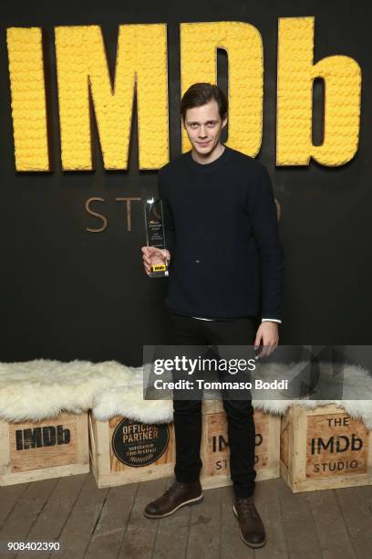 Actor Bill Skarsgard poses with the IMDb STARmeter Award at The IMDb Studio and The IMDb Show on Location at The Sundance Film Festival on January...