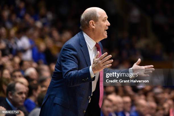 Head coach Kevin Stallings of the Pittsburgh Panthers directs his team against the Duke Blue Devils during their game at Cameron Indoor Stadium on...