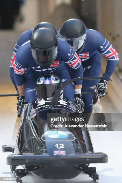 Lamin Deen of Great Britain competes with Ben Simons, Samuel Blanchet and Andrew Matthews at Deutsche Post Eisarena Koenigssee during the BMW IBSF...