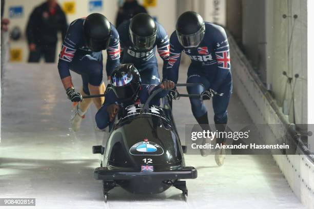 Lamin Deen of Great Britain competes with Ben Simons, Samuel Blanchet and Andrew Matthews at Deutsche Post Eisarena Koenigssee during the BMW IBSF...