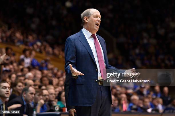 Head coach Kevin Stallings of the Pittsburgh Panthers directs his team against the Duke Blue Devils during their game at Cameron Indoor Stadium on...