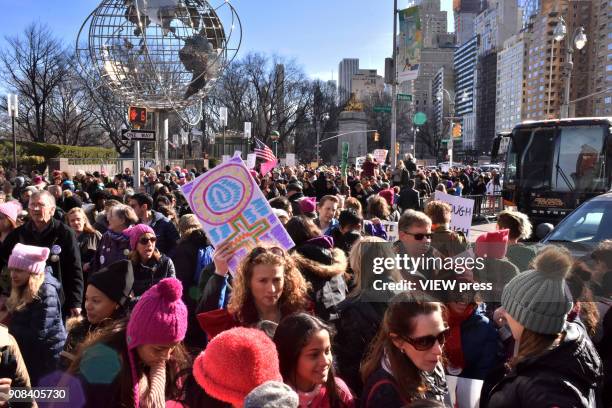 Demonstrators take part in the Women's March 2018 on January 20, 2018 in New York city. Big crowds were seen at rallies around the country during the...