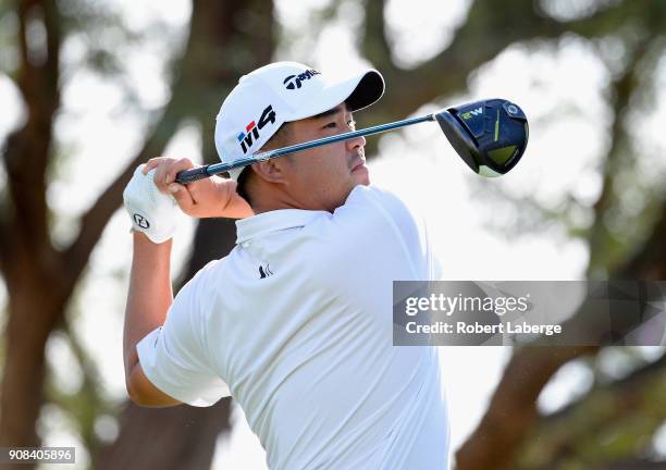 John Huh plays his shot from the third tee during the final round of the CareerBuilder Challenge at the TPC Stadium Course at PGA West on January 21,...