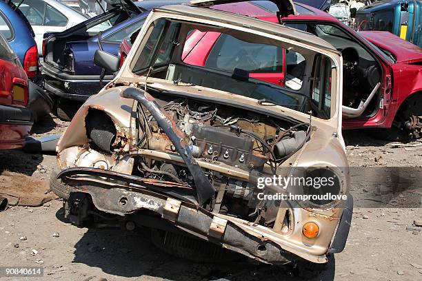 wrecked car - obsolete stock pictures, royalty-free photos & images