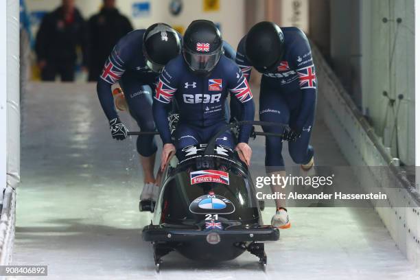 Bradley Hall of Great Britain competes with Nicholas Gleeson, James Axel Brown and Judah Simpson at Deutsche Post Eisarena Koenigssee during the BMW...