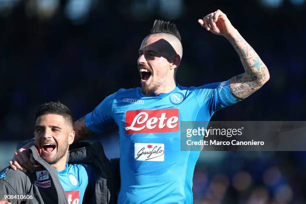 Marek Hamsik and Lorenzo Insigne of Ssc Napoli celebrate at the end of the Serie A football match between Atalanta Bergamasca Calcio and Ssc Napoli....