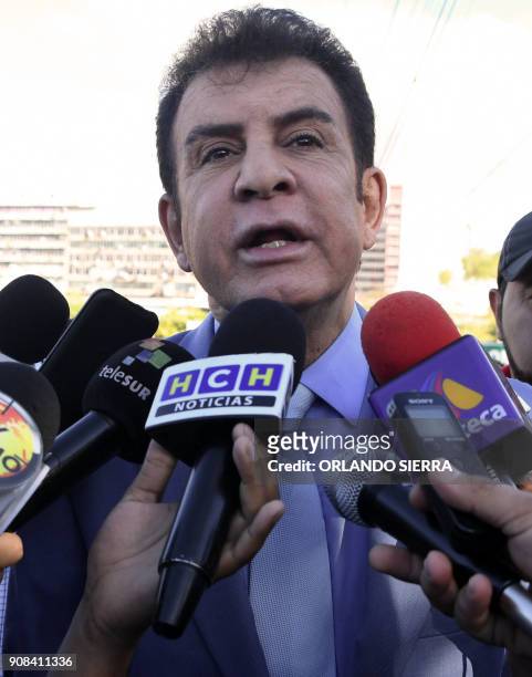 Presidential candidate for the Honduran Opposition Alliance Against the Dictatorship for the past election, Salvador Nasralla, addresses the media...