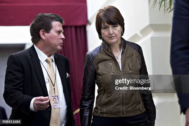 Representative Cathy McMorris Rodgers, a Republican from Washington, right, walks to a GOP meeting at the U.S. Capitol in Washington, D.C., U.S., on...
