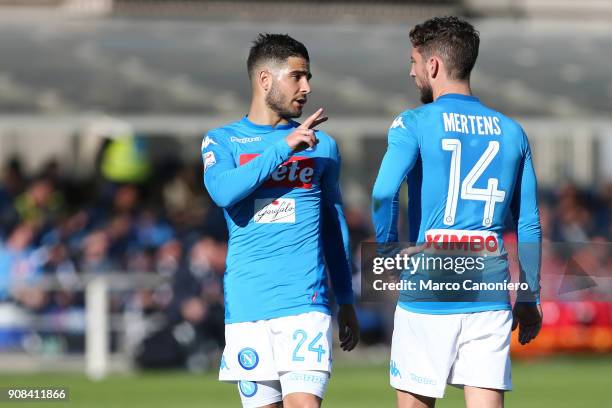 Lorenzo Insigne of Ssc Napoli talk to his teammate Dries Mertens during the Serie A football match between Atalanta Bergamasca Calcio and Ssc Napoli....