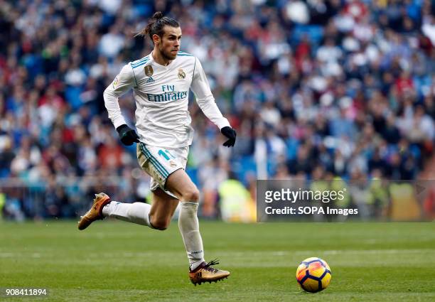 Real Madrid player Bale in action during the match. Real Madrid faced Deportivo de la Coruña at the Santiago Bernabeu stadium during the Spanish...