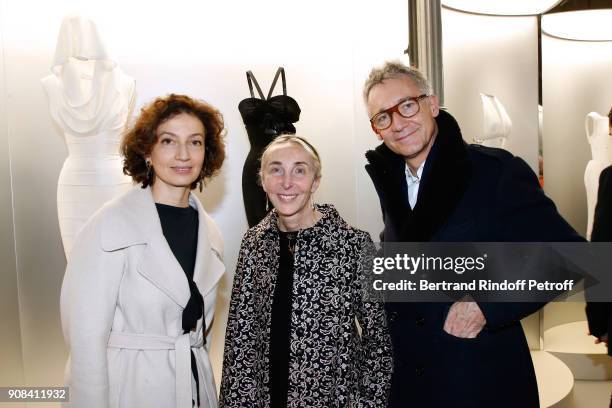 Aurelie Filippetti, Carla Sozzani and CEO of Chloe Geoffroy de la Bourdonnaye attend the "Azzedine Alaia : Je Suis Couturier" Exhibition as part of...