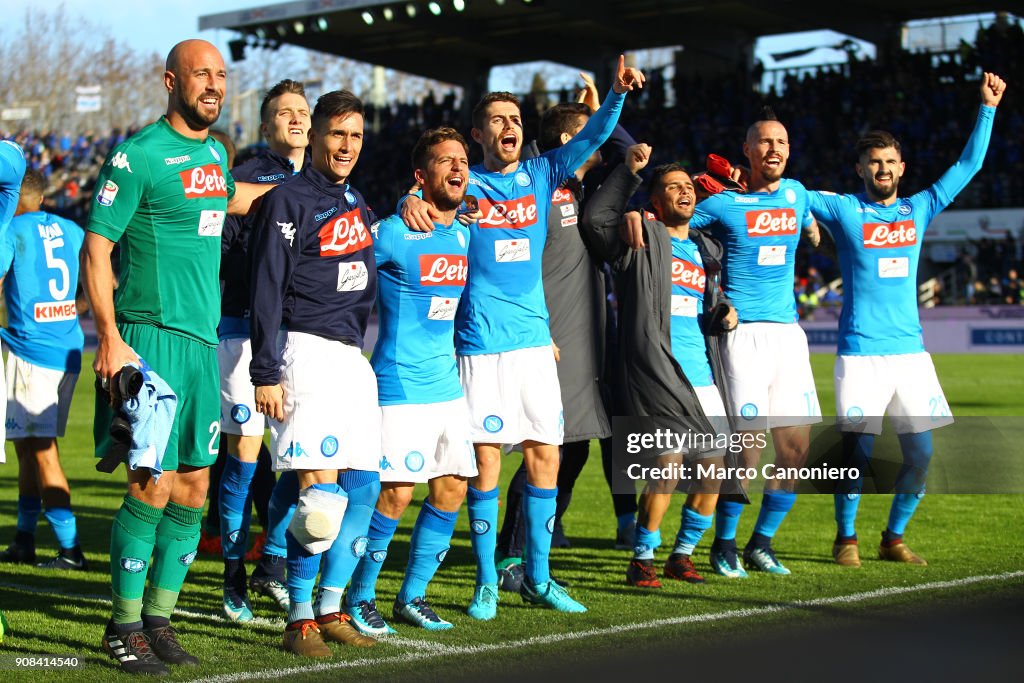 Ssc Napoli's players celebrate under the fans at the end of...